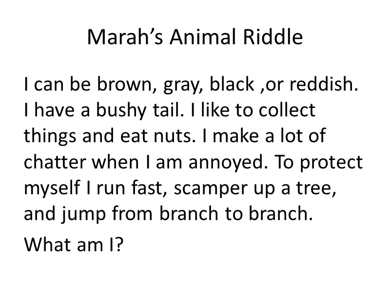 Marah’s Animal Riddle I can be brown, gray, black ,or reddish. I have a
